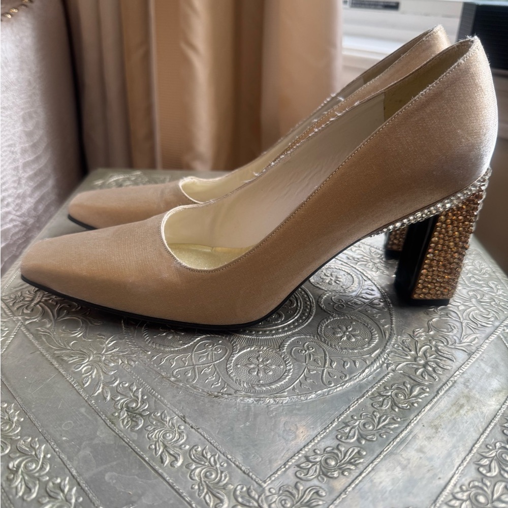Stuart Weitzman Tan Satin Block Heel Pumps.